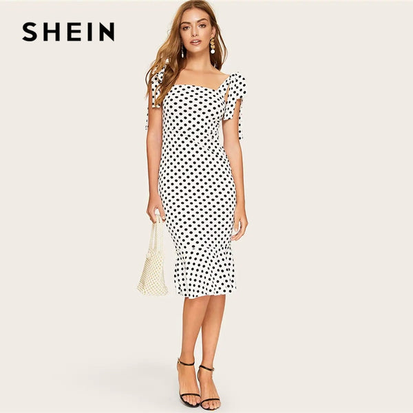 SHEIN Elegant White Knotted Strap Polka-dot Mermaid Hem Summer Pencil Midi Dress Women