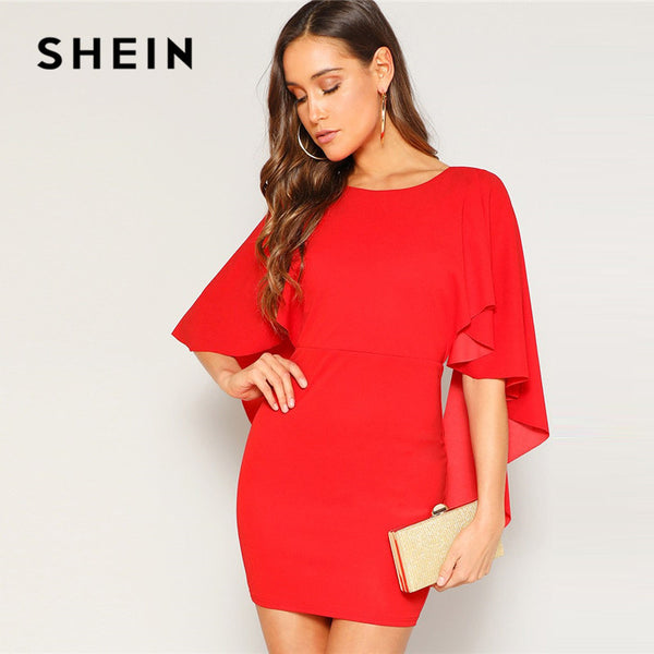 SHEIN Red Sexy Open Back Cloak Sleeve Summer Mini Dress Women