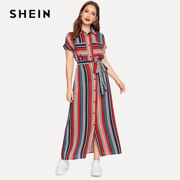 SHEIN Colorful Striped Belted Hijab Shirt Dress