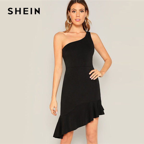 SHEIN Black One Shoulder Asymmetrical Flounce Hem Summer Party Dress Women