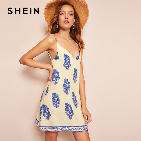 SHEIN Bohemian Sexy Apricot Botanical Print Cami Summer Short Dress