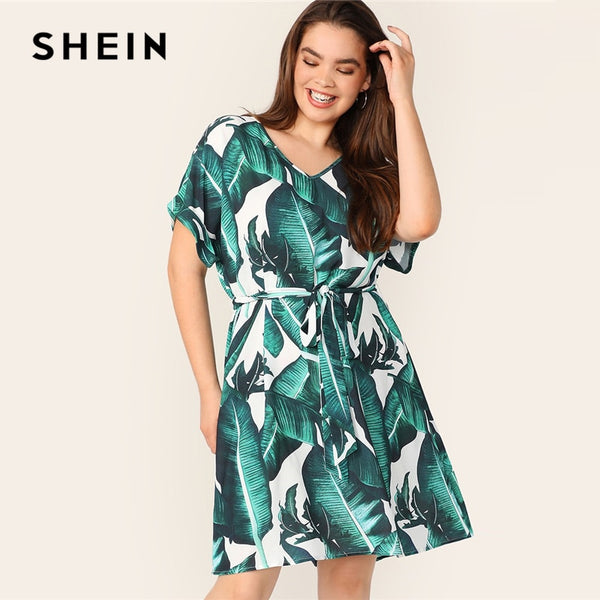 SHEIN Plus V Neck Tropical Print Belted Dress Women Summer 2019