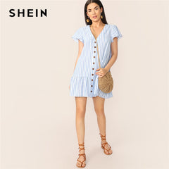 SHEIN Boho Blue Single Breasted V Neck Ruffle Hem Striped Summer Shirt Dress