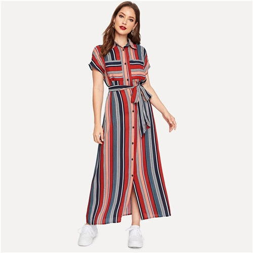 SHEIN Colorful Striped Belted Hijab Shirt Dress