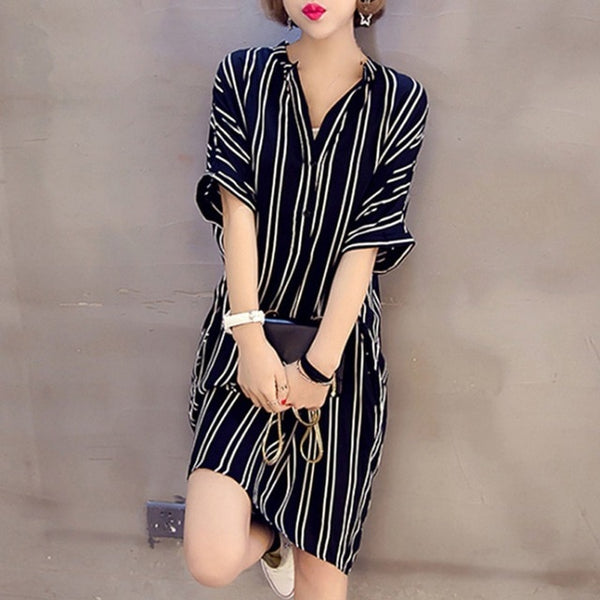 New Fashion Summer Korean Style Striped Shirt Dress Sexy Women